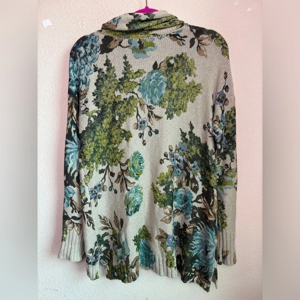 J. Jill Beige Blue Floral Cowl Neck Tunic Length Pullover Sweater S